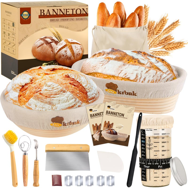 Sourdough Starter Kit 24oz Sourdough Starter Jar 2 Banneton Bread Proofing Baskets Sourdough Bread Baking Supplies Bread Proofing BasketsAll in One 9 Round  10 Oval