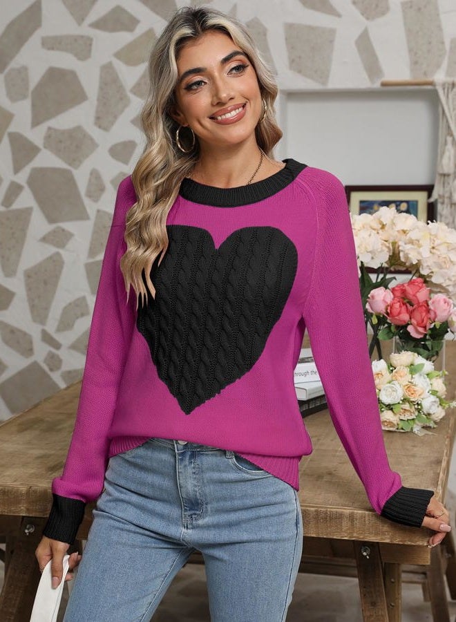 shermie Women's Pullover Sweaters Long Sleeve Crew Neck Cute Heart Knitted Casual Sweater (Small, Rose Red&Black) - Image 3