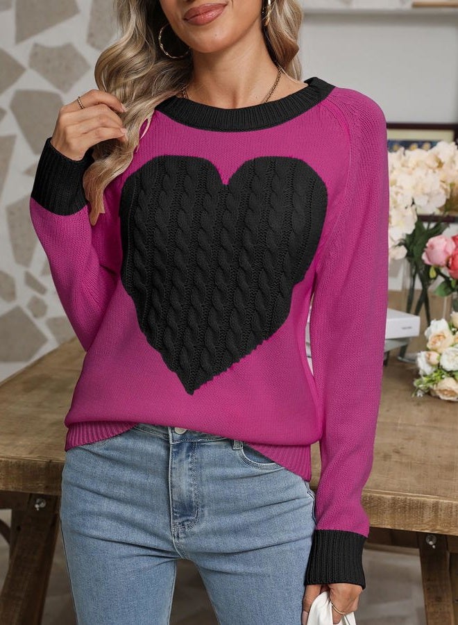 shermie Women's Pullover Sweaters Long Sleeve Crew Neck Cute Heart Knitted Casual Sweater (Small, Rose Red&Black) - Image 2