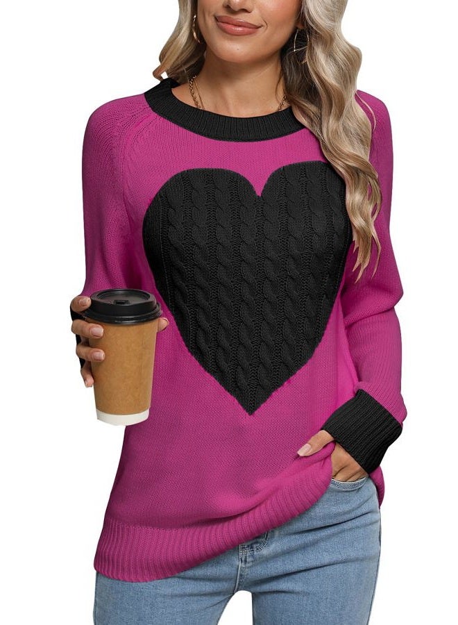 shermie Women's Pullover Sweaters Long Sleeve Crew Neck Cute Heart Knitted Casual Sweater (Small, Rose Red&Black) - Image 1