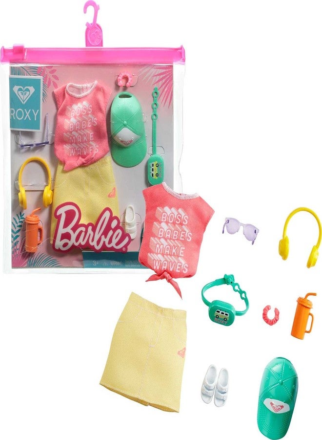 Barbie Fashions Roxy Clothing Set, Outfit Inspired by Roxy Includes Pink Graffit Tee & Yellow Mini Skirt, Hat, Sunglasses, Sandals, and Accessories, Gift for Kids 3 to 8 Years Old - Image 1