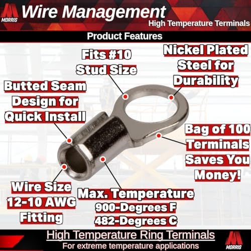 Morris Products High Temperature Ring Terminals – 12-10 Wire Size - #10 Stud Size – Nickel-Plated Steel – For HVAC, Industrial Kilns, Electric Space Heaters, Commercial Ovens, Fryers – Pack of 100 - Image 2