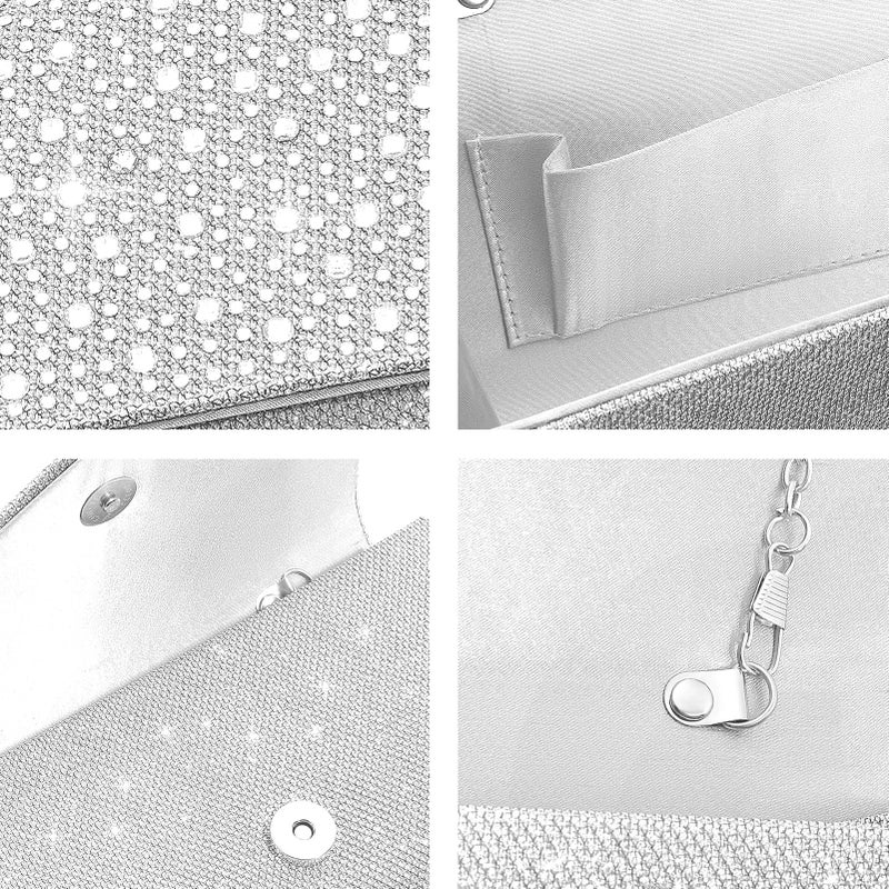 CurvChic Clutch Purses for Women Evening Bag Rhinestone Handbag Party Wedding Bridal Prom Purse Crossbody Shoulder Bag(Sliver) - Image 4