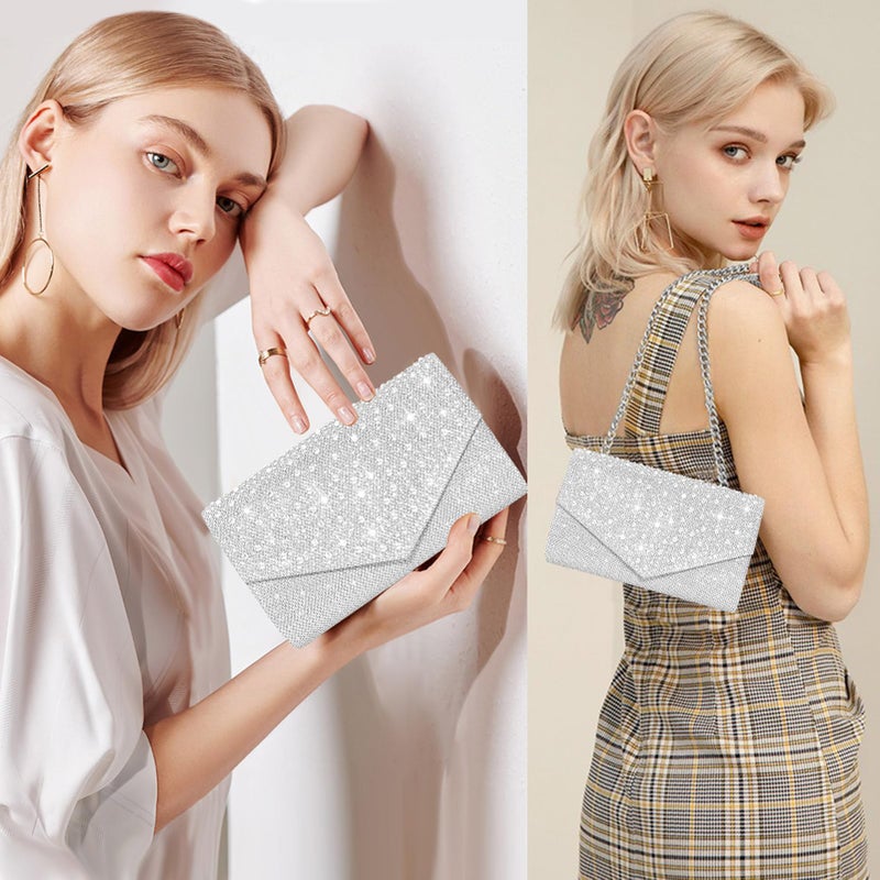 CurvChic Clutch Purses for Women Evening Bag Rhinestone Handbag Party Wedding Bridal Prom Purse Crossbody Shoulder Bag(Sliver) - Image 2