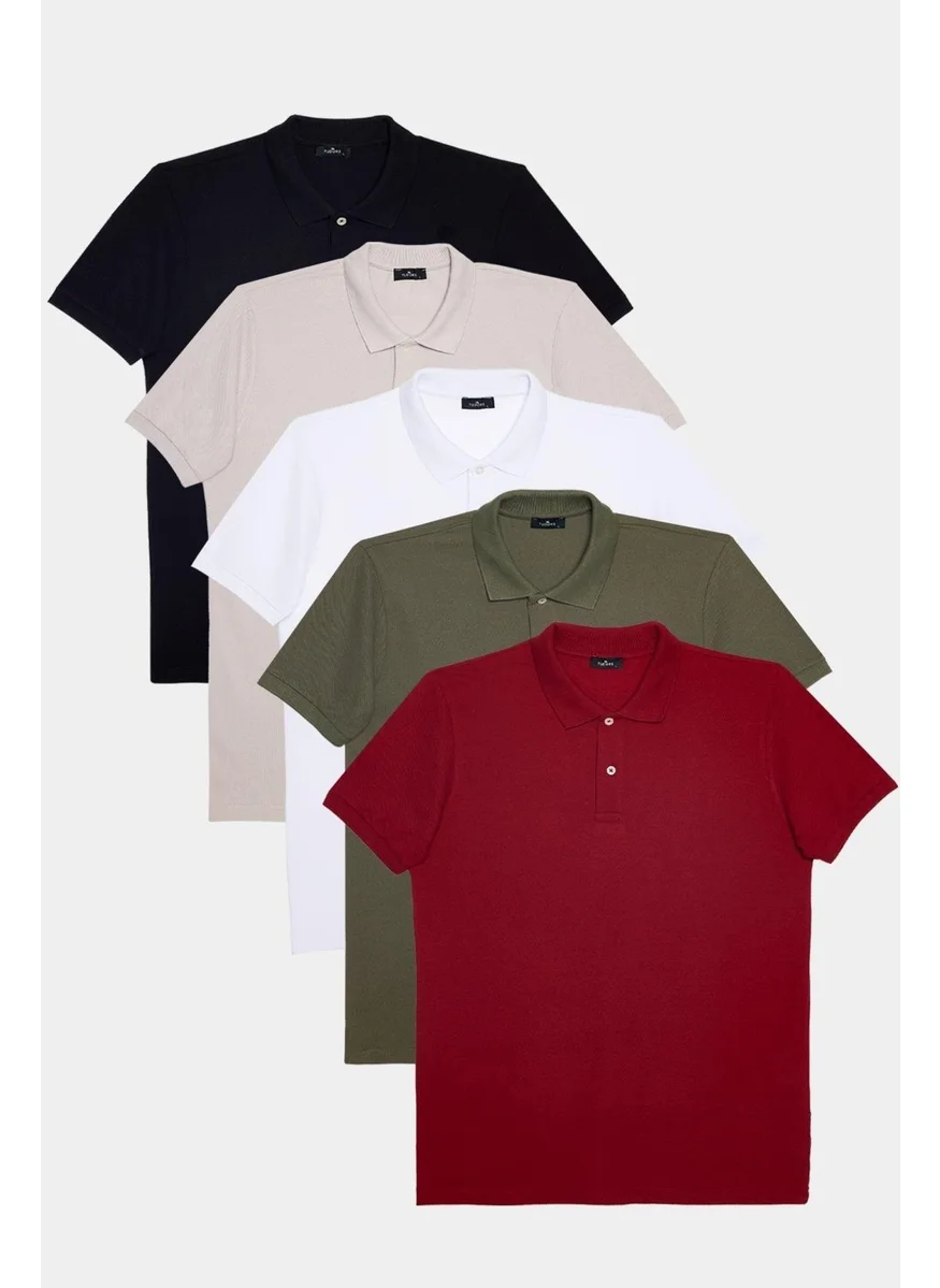 تودورس Men's 5-Pack Black-Gray-White-Khaki-Burgundy Slim Fit Slim Fit Cotton Plain Pique Polo Neck T-Shirt
