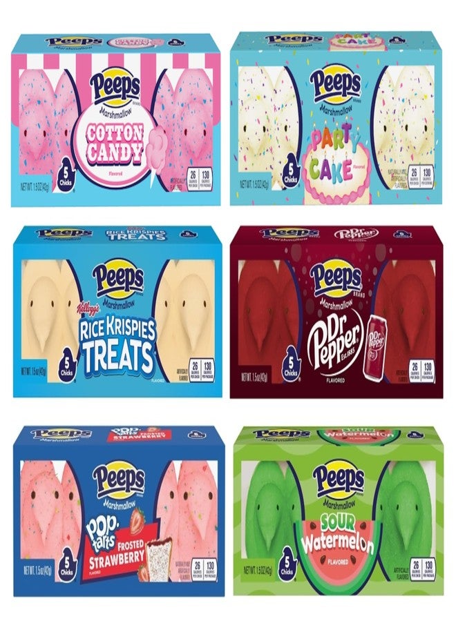 Peeps Chicks Flavored Variety Pack of 6-5 Count - Dr Pepper, Cotton Candy, Party Cake, Rice Krispy, Frosted Strawberry, and Sour Watermelon - Fun Flavors For Everyone - Image 1