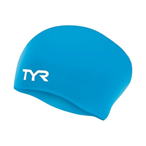 TYR Long Hair Wrinkle Free Silicone Swim Cap for Adults, Color-Blue - Image 1