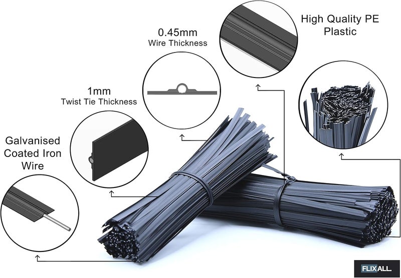 Flixall. 5 inches Twist Ties Pack of 250 - Premium Quality Reusable Black Plastic Coated Ties for Household and Office use - Image 2