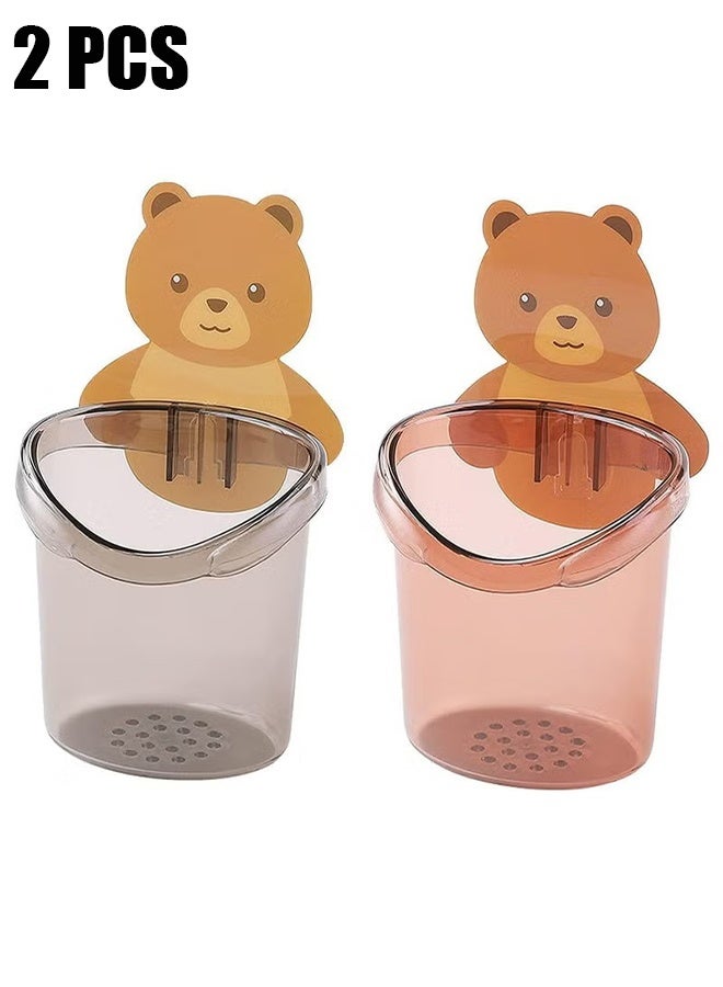 HY 2 Pack Teddy Bear Plastic Toothbrush Holders, Self-Adhesive, Kids' Bathroom Accessory with Drain Hole (Brown+Grey)  - Image 1