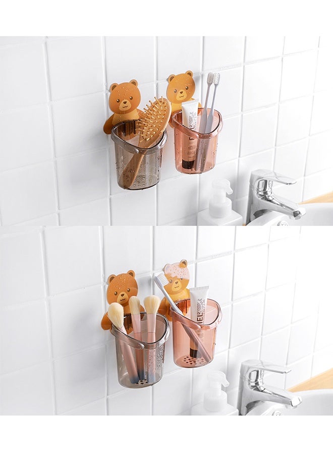 HY 2 Pack Teddy Bear Plastic Toothbrush Holders, Self-Adhesive, Kids' Bathroom Accessory with Drain Hole (Brown+Grey)  - Image 2