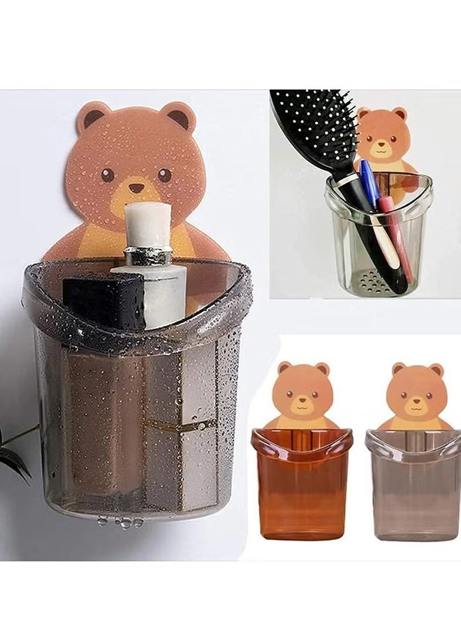 HY 2 Pack Teddy Bear Plastic Toothbrush Holders, Self-Adhesive, Kids' Bathroom Accessory with Drain Hole (Brown+Grey)  - Image 5