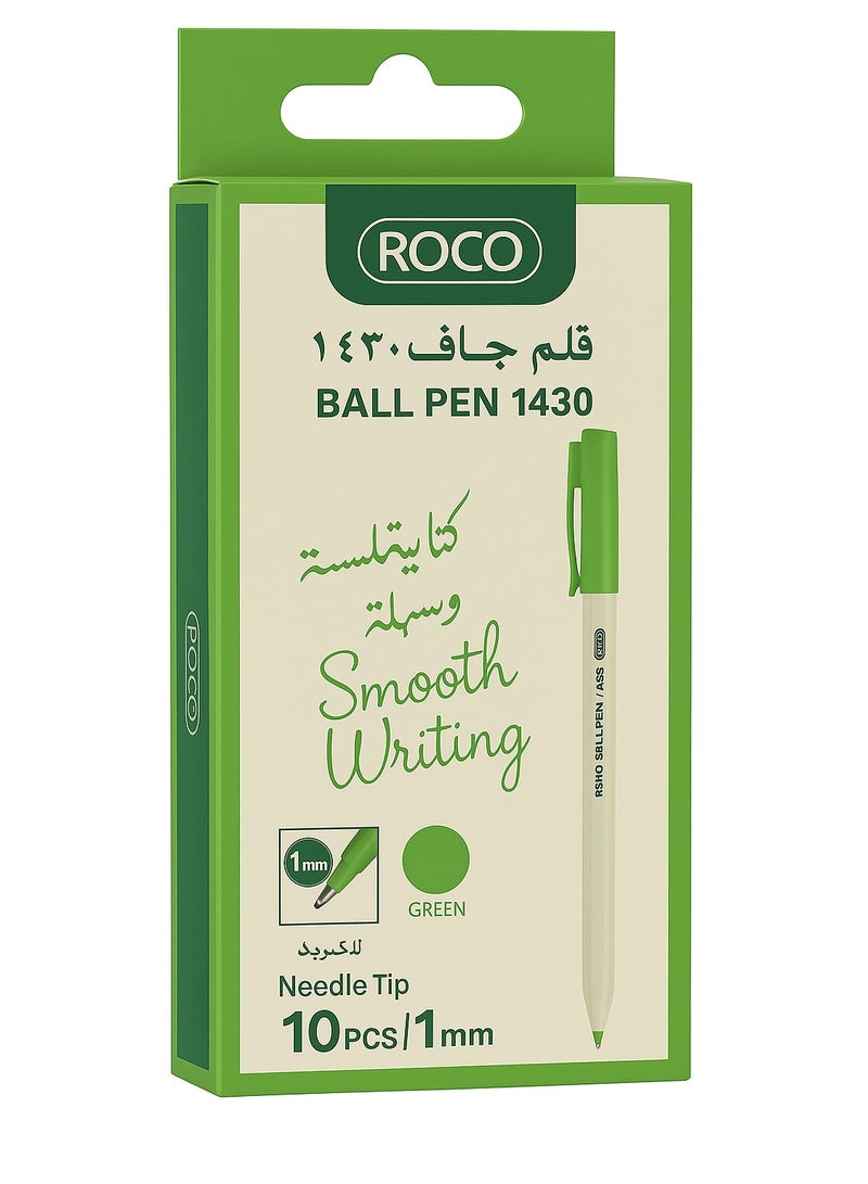ROCO Ball Pen 1430 - 10 Pieces, Green Ink, 1mm Needle Tip – Smooth Writing - Image 1