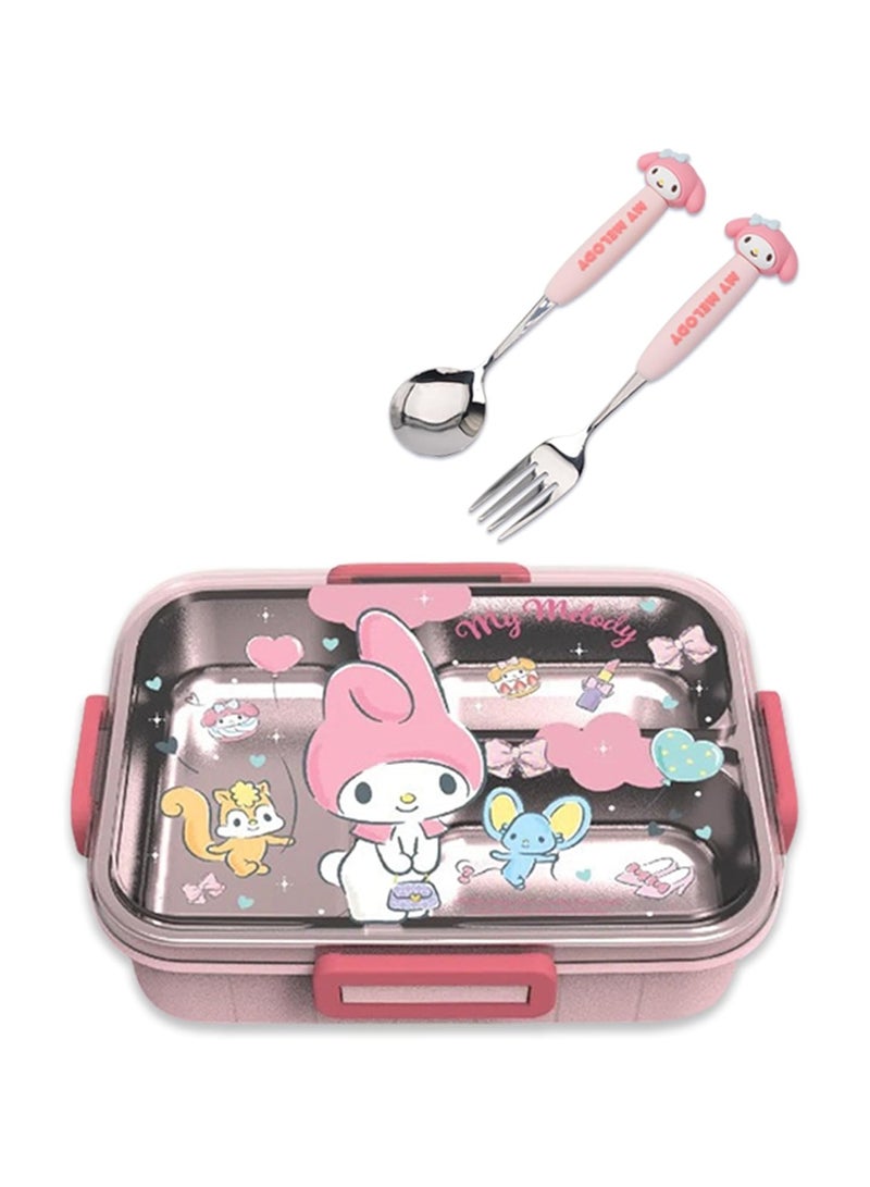 عام صندوق بينتو متعدد الإمكانات بطباعة ميلودي كارتوني لطيف مع ملعقة وشوكة كاواي 4 نقاط لقفل صندوق الغداء لحاوية الوجبات الخفيفة للطعام والفاكهة - Image 1