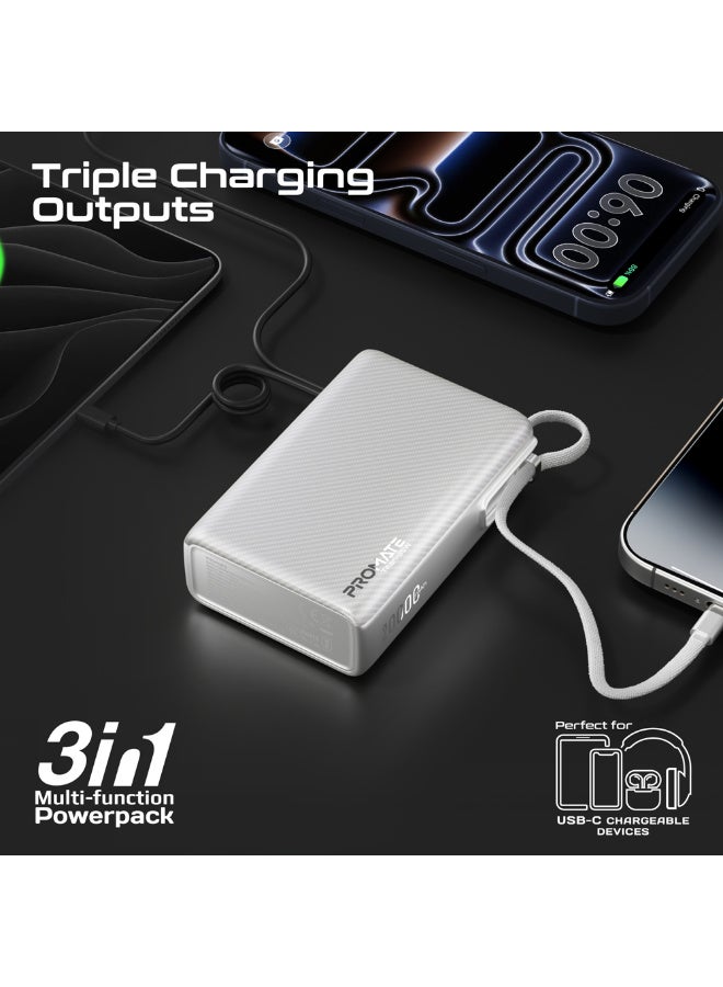 PROMATE Titan-35 20000mAh Power Bank with Built-in USB-C Cable, 35W PD Fast Charging Portable Charger with TFT Smart Display, 3-Port, USB-C, USB-A for iPad,  iPhone 17/17 Pro Max, Samsung S26 Ultra, Airpods and More White - Image 3