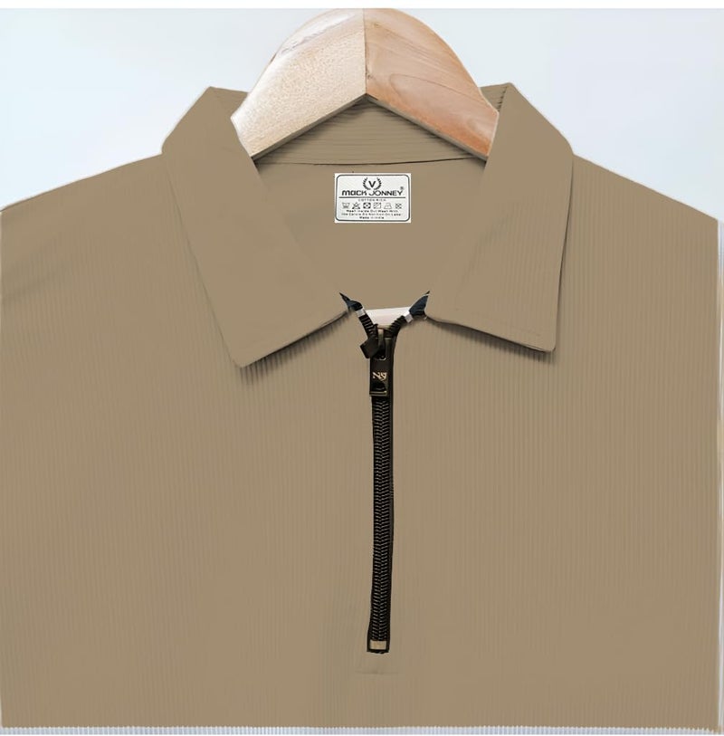 Mack Jonney Ribbed |Regular Fit | Half Sleeves 100% Cotton Polo Neck Self Design with Zip T-Shirt for Men-M677 Camel - Image 4