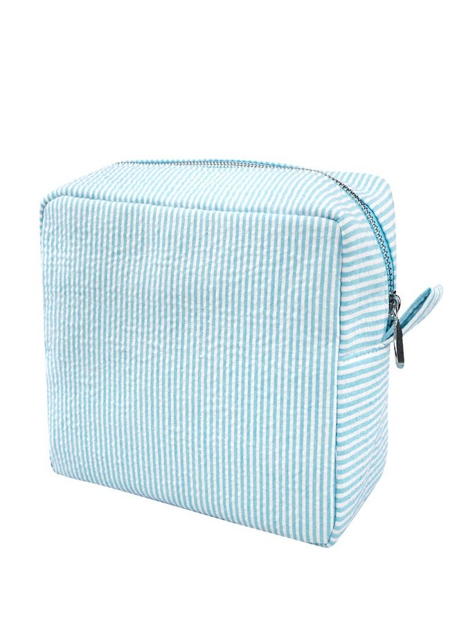GFU Makeup Bag for Women, Cute Cosmetic Bag, Lightweight Toiletry Make up Bag, Large Seersucker Aesthetic Organizer Storage Pouch for Girls, Women and Moms Gifts, Lightblue - Image 1