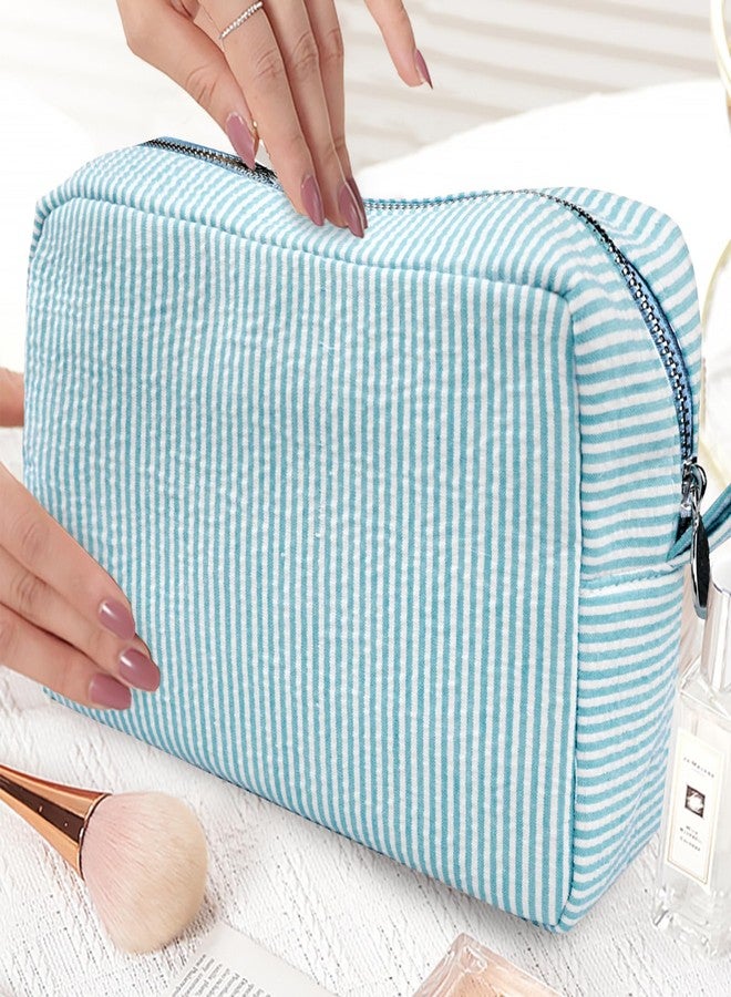 GFU Makeup Bag for Women, Cute Cosmetic Bag, Lightweight Toiletry Make up Bag, Large Seersucker Aesthetic Organizer Storage Pouch for Girls, Women and Moms Gifts, Lightblue - Image 5