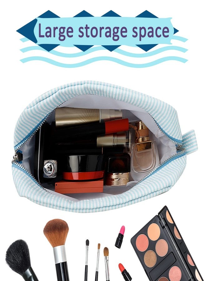 GFU Makeup Bag for Women, Cute Cosmetic Bag, Lightweight Toiletry Make up Bag, Large Seersucker Aesthetic Organizer Storage Pouch for Girls, Women and Moms Gifts, Lightblue - Image 3