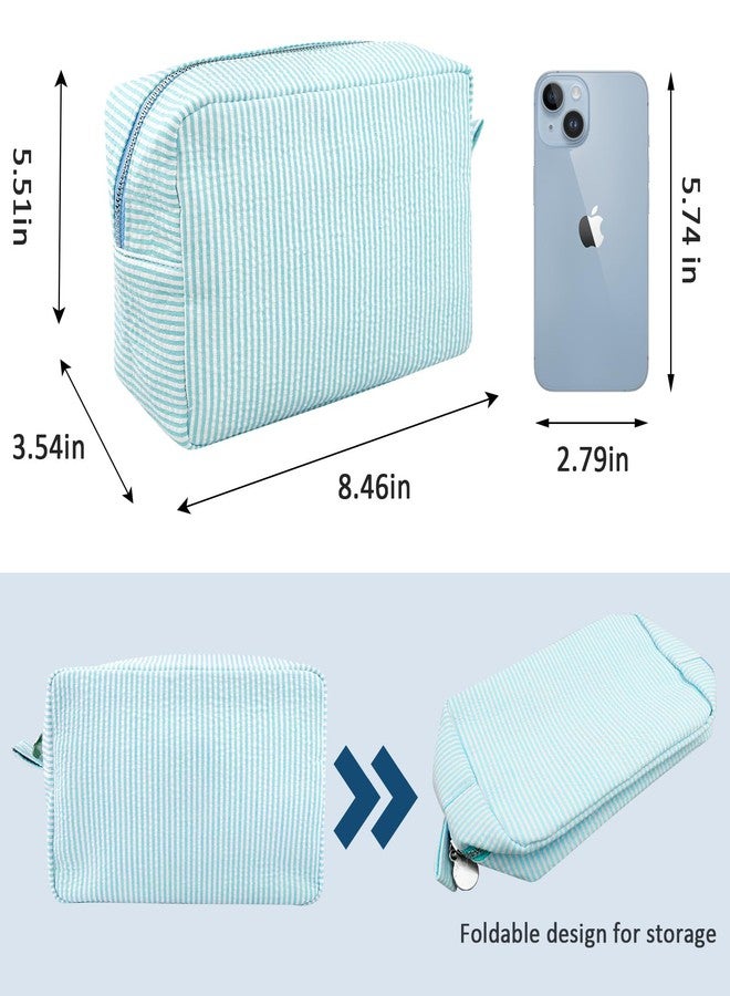 GFU Makeup Bag for Women, Cute Cosmetic Bag, Lightweight Toiletry Make up Bag, Large Seersucker Aesthetic Organizer Storage Pouch for Girls, Women and Moms Gifts, Lightblue - Image 4