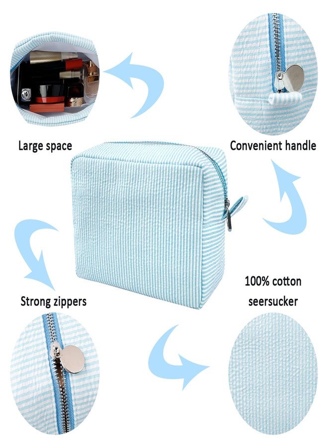 GFU Makeup Bag for Women, Cute Cosmetic Bag, Lightweight Toiletry Make up Bag, Large Seersucker Aesthetic Organizer Storage Pouch for Girls, Women and Moms Gifts, Lightblue - Image 2