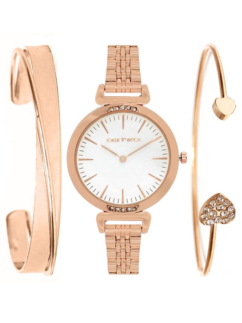 Joker & Witch Stainless Steel Peace Rosegold Analog Watch Bracelet Set For Women, White Dial, Rose Gold Band - Image 1