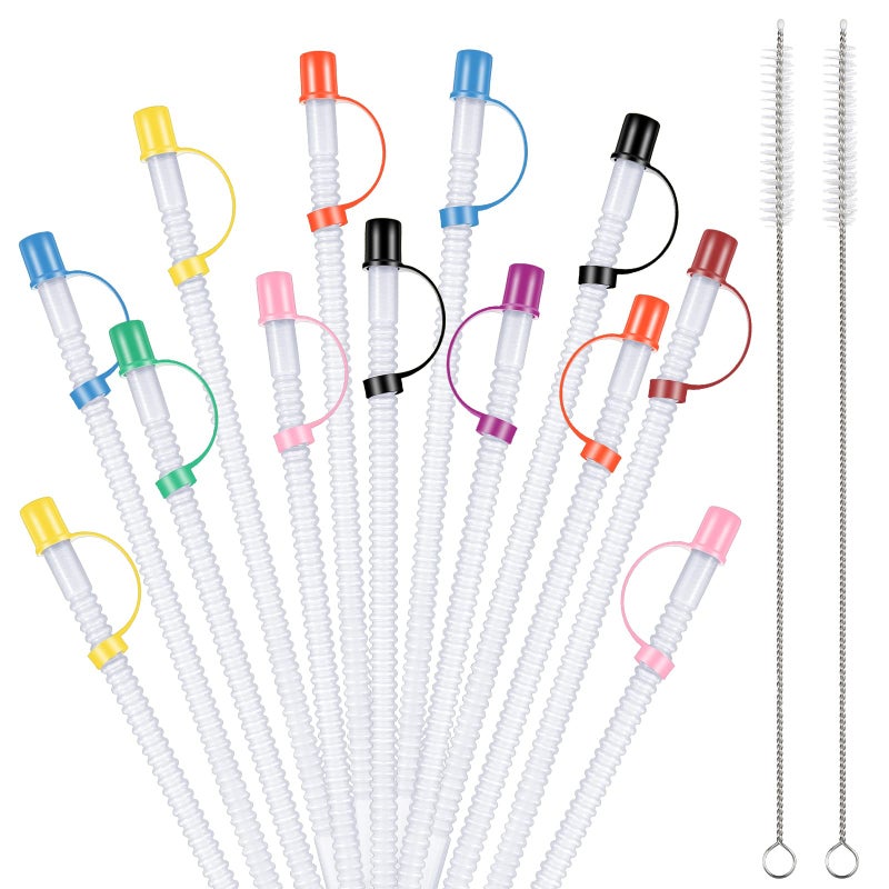 Chengu 24 Pack Flexible Straws with Drinking Caps Long Flexible Plastic Bendable Reusable Straws with 2 Cleaning Brushes for Jumbo Mugs Water Bottle11 InchAssorted Colors 