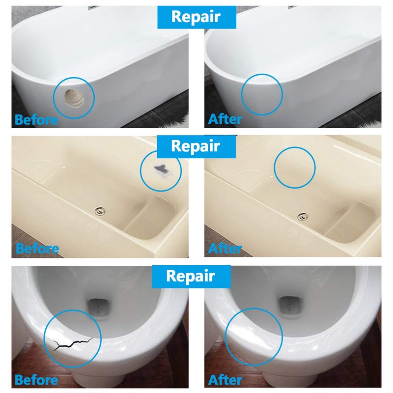 HT HOMETINKER طقم إصلاح بلاط البورسلين للحمام (مطابقة الألوان)، طقم إصلاح ألياف زجاجية 3.7 أونصة، طقم إصلاح بورسلين أبيض، طقم إصلاح حوض البورسلين وحوض الأكريليك، إصلاح شقوق وكسور الحوض بلون اللوز البسكويت البيج - Image 3