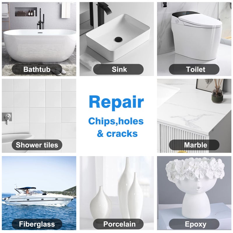 HT HOMETINKER طقم إصلاح بلاط البورسلين للحمام (مطابقة الألوان)، طقم إصلاح ألياف زجاجية 3.7 أونصة، طقم إصلاح بورسلين أبيض، طقم إصلاح حوض البورسلين وحوض الأكريليك، إصلاح شقوق وكسور الحوض بلون اللوز البسكويت البيج - Image 5