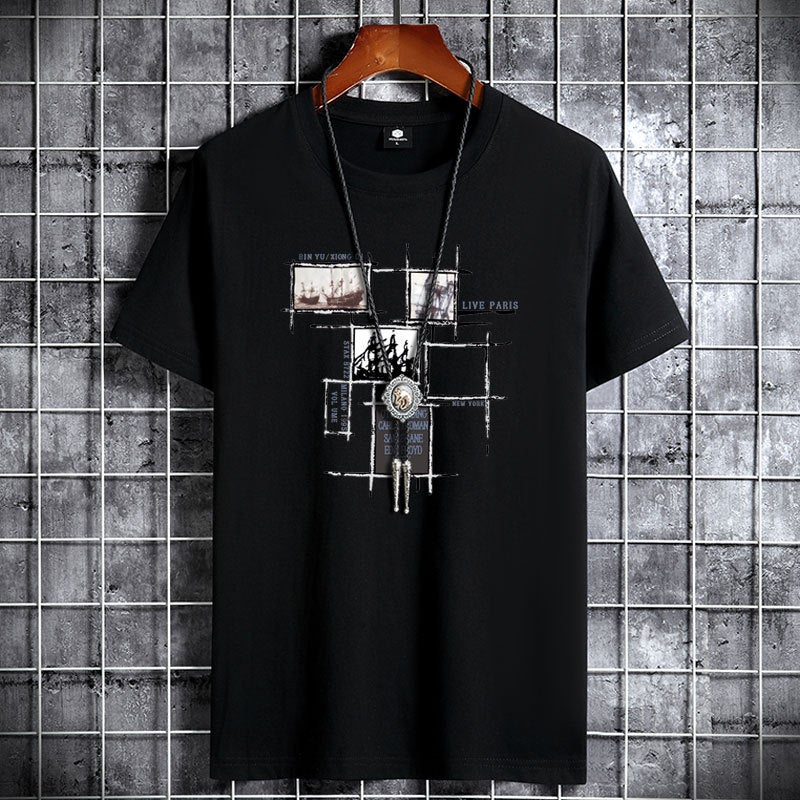 Short-sleeved T-shirt Men's Cotton Summer Hong Kong Fashion Brand Student's Personality Fashion Large Size Loose Round Neck Printed T-shirt Fashion - Image 1