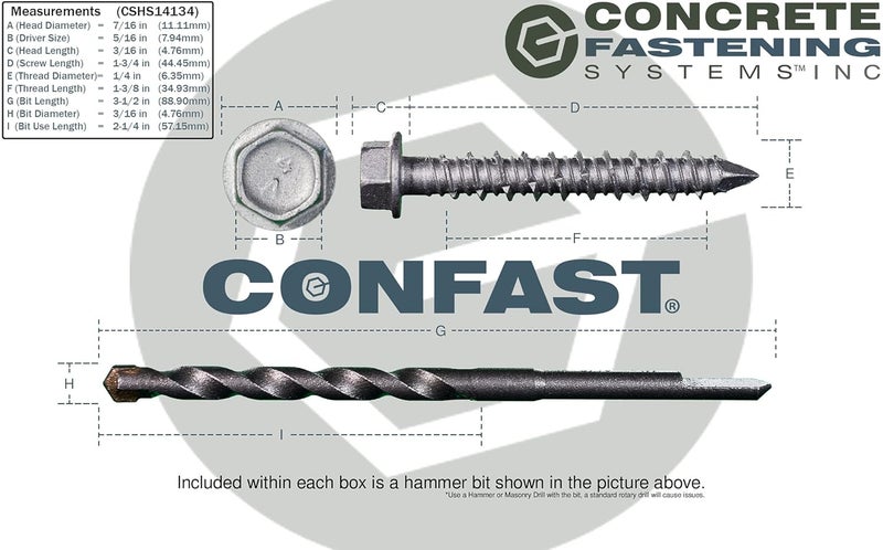 CONFAST 1/4" x 1-3/4" Concrete Screws 410 Stainless Steel Hex with Concrete Drill Bit for Anchoring to Masonry, Block or Brick (50 per Box) - Image 5