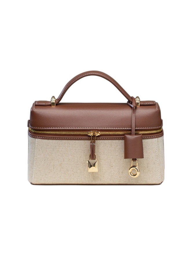 Luxury Genuine Leather Box Bag Vintage Canvas Patchwork Crossbody Top-Handle Shoulder Handbag for Women Retro Lunchbox Tote - Image 1
