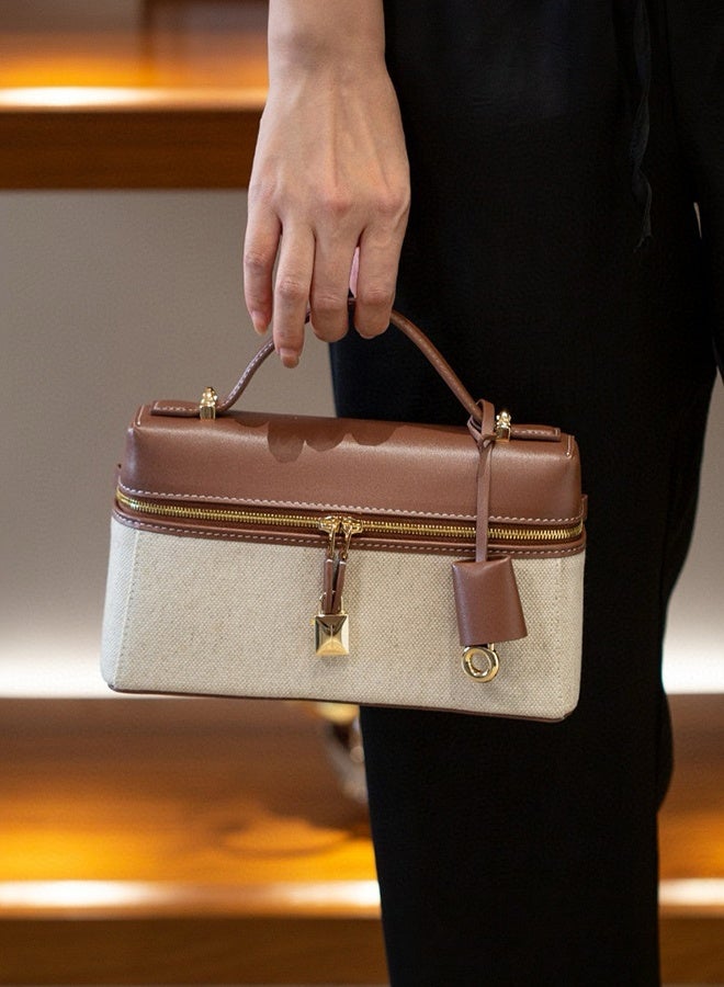 Luxury Genuine Leather Box Bag Vintage Canvas Patchwork Crossbody Top-Handle Shoulder Handbag for Women Retro Lunchbox Tote - Image 4