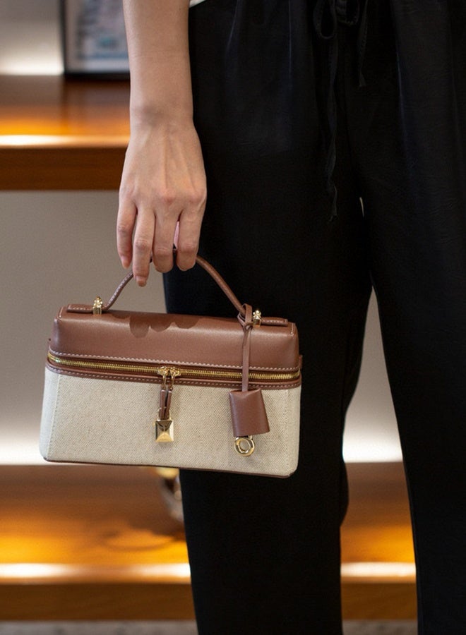 Luxury Genuine Leather Box Bag Vintage Canvas Patchwork Crossbody Top-Handle Shoulder Handbag for Women Retro Lunchbox Tote - Image 2