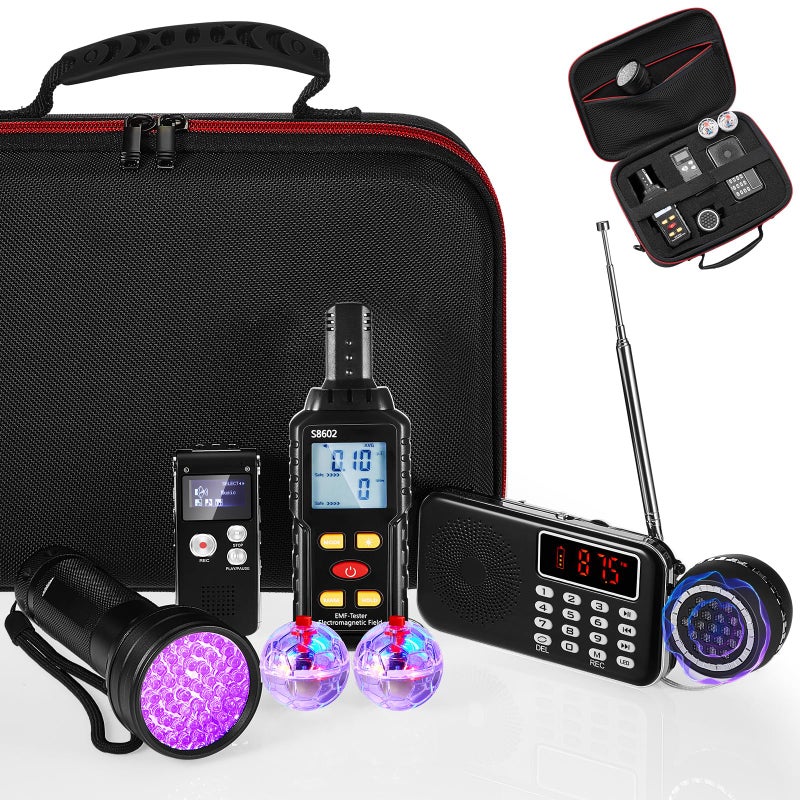 Dunzy 8 Pcs Ghost Hunting Equipment Kit, Include 1 Emf Meter 1 Spirit Ghost Hunting Research Case 1 Voice Recorders 1 Flashlight 1 Speaker 2 Motion Light up Cat Balls and 1 Fm Radio(Emf Meter 3) - Image 1