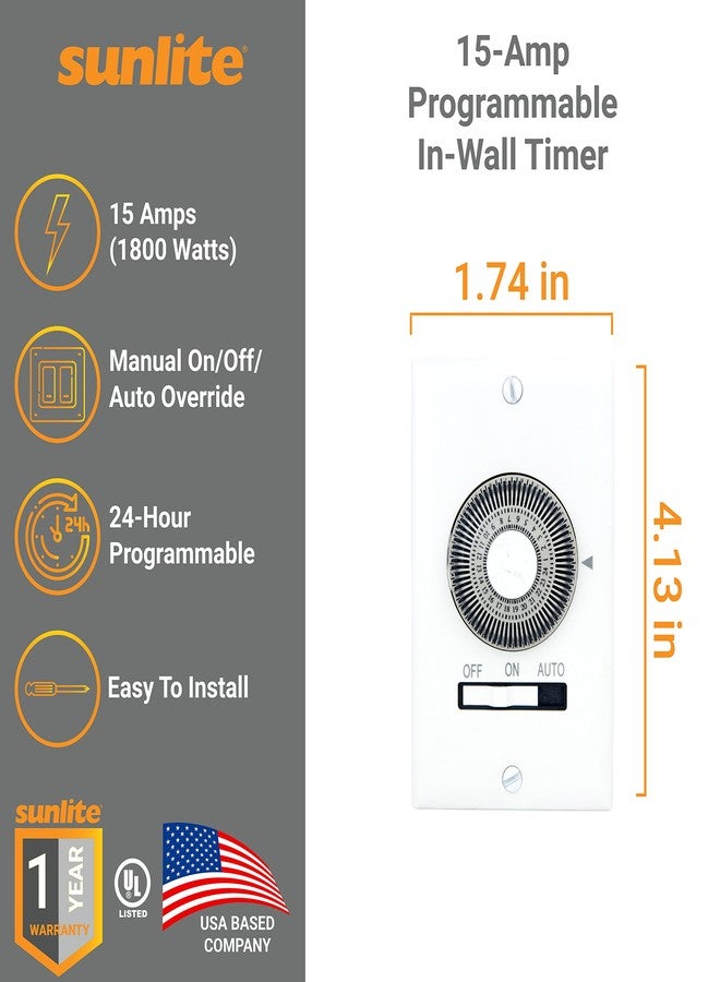 Sunlite 05014-SU 15-Amp Programmable in-Wall Timer, Heavy Duty, 20 Minute Intervals, Manual On/Off/Auto Override, UL Listed - Image 2