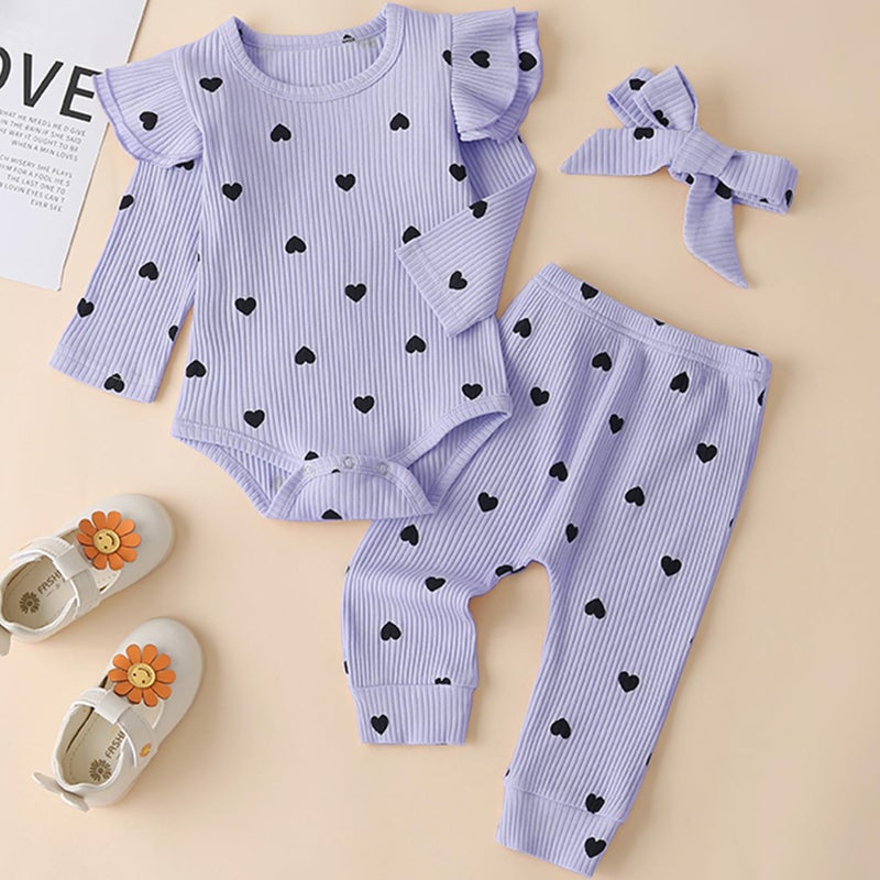 Fullfamous Infant Baby Girl Clothes Clothing Set Fall Winter Long Sleeve Onesie and Pant Set Outfits 12-18 months Lavender Heart - Image 3