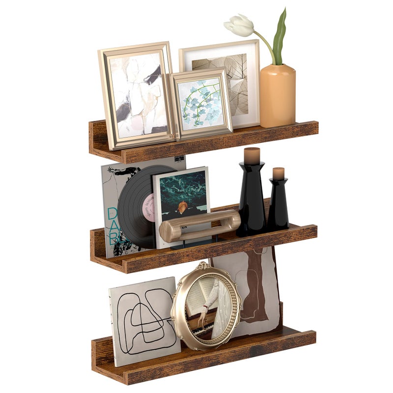 VASAGLE Hanging Wall Shelves Set of 3 Floating Shelves 38 cm Length with High Edges for Picture Frames Decoration Spices for Kitchen Living Room Rustic Brown LWS037X01