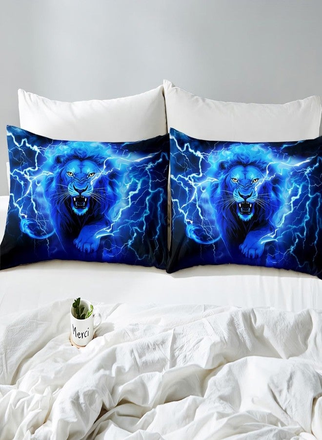 Man Fei Manfei Lion Duvet Cover Set Twin Size Blue Lightning Lion Print Bedding Set 2pcs for Kids Boys Teens Wild Animal Theme Comforter Cover African Wildlife Bedspread Cover with 1 Pillowcase,No Comforter - Image 4