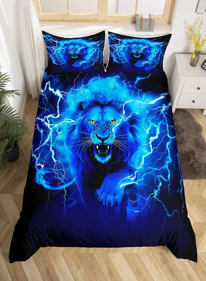 Man Fei Manfei Lion Duvet Cover Set Twin Size Blue Lightning Lion Print Bedding Set 2pcs for Kids Boys Teens Wild Animal Theme Comforter Cover African Wildlife Bedspread Cover with 1 Pillowcase,No Comforter - Image 1
