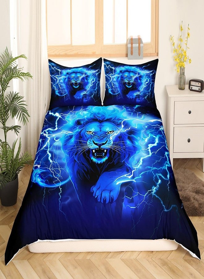 Man Fei Manfei Lion Duvet Cover Set Twin Size Blue Lightning Lion Print Bedding Set 2pcs for Kids Boys Teens Wild Animal Theme Comforter Cover African Wildlife Bedspread Cover with 1 Pillowcase,No Comforter - Image 3