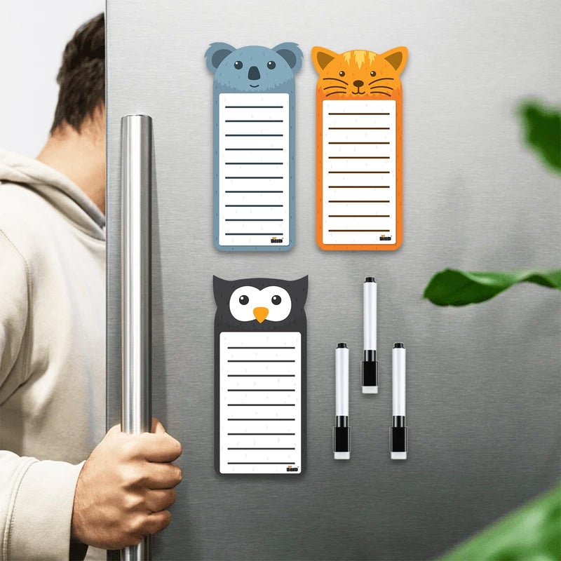 Windup Magnetic to Do List Set, 3 Animal Designs with Markers, 10x21 cm Dry-Erase Boards, Fridge Organiser with Cat, Owl, Koala - Image 3