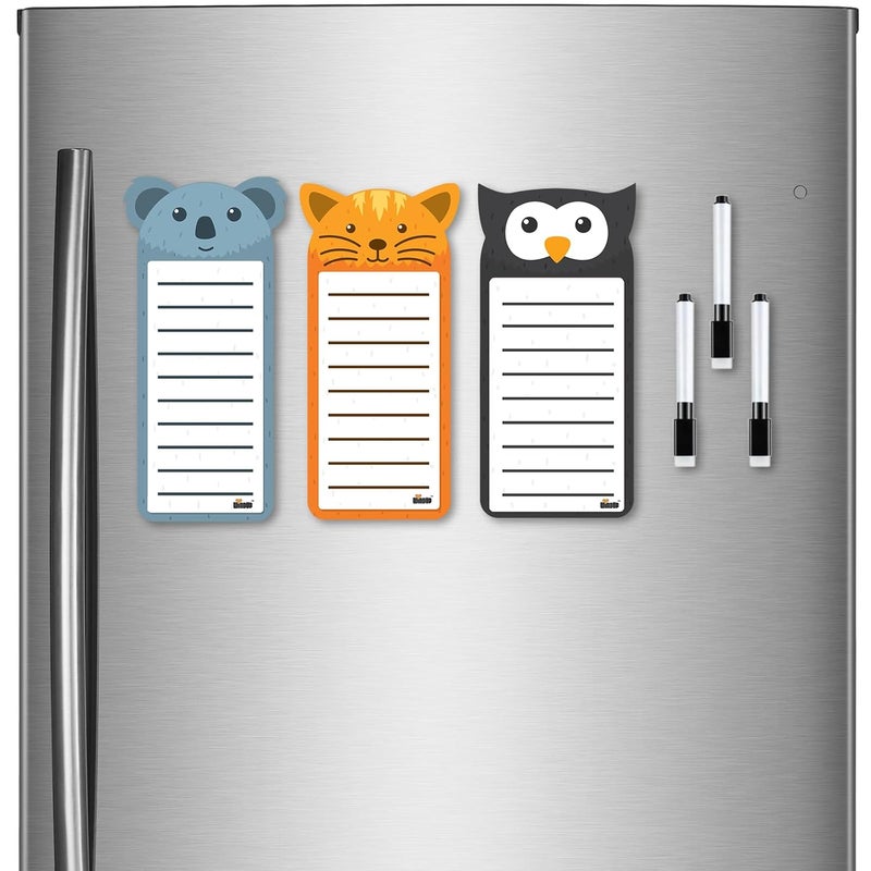 Windup Magnetic to Do List Set, 3 Animal Designs with Markers, 10x21 cm Dry-Erase Boards, Fridge Organiser with Cat, Owl, Koala - Image 1