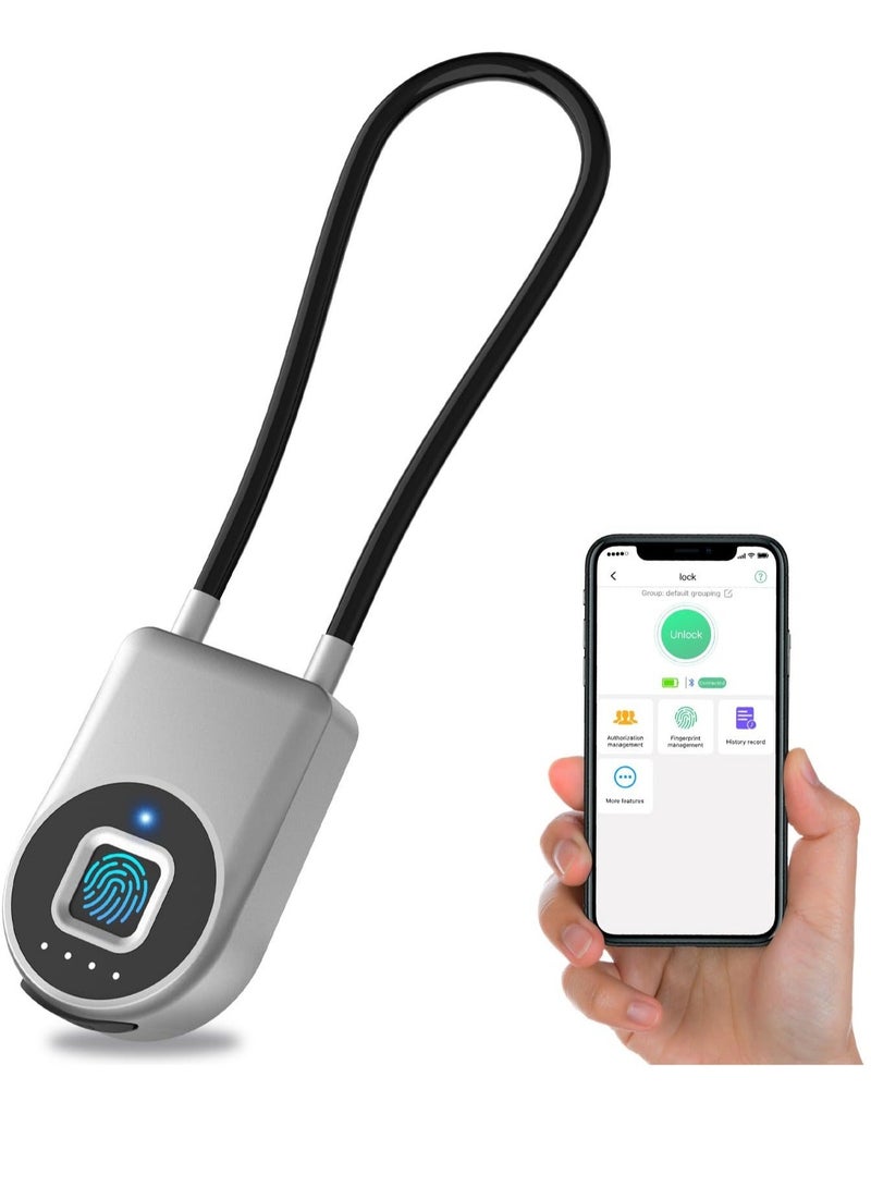 Fingerprint Cable Lock, Long Shackle Fingerprint Padlock with APP Control, Cabinet Lock, Luggage Lock, Outdoor Waterproof Padlock for Gym Locker, Luggage Suitcase, Cabinets, Gate Silver - Image 1