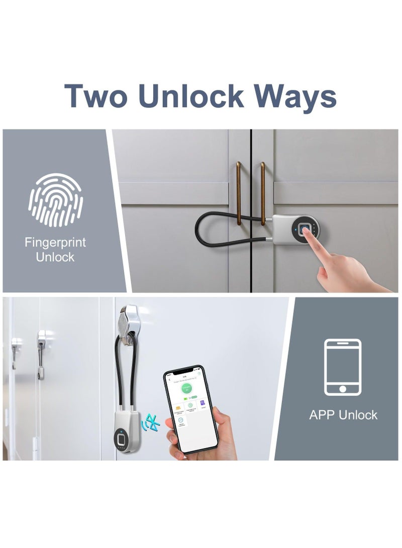 Fingerprint Cable Lock, Long Shackle Fingerprint Padlock with APP Control, Cabinet Lock, Luggage Lock, Outdoor Waterproof Padlock for Gym Locker, Luggage Suitcase, Cabinets, Gate Silver - Image 2