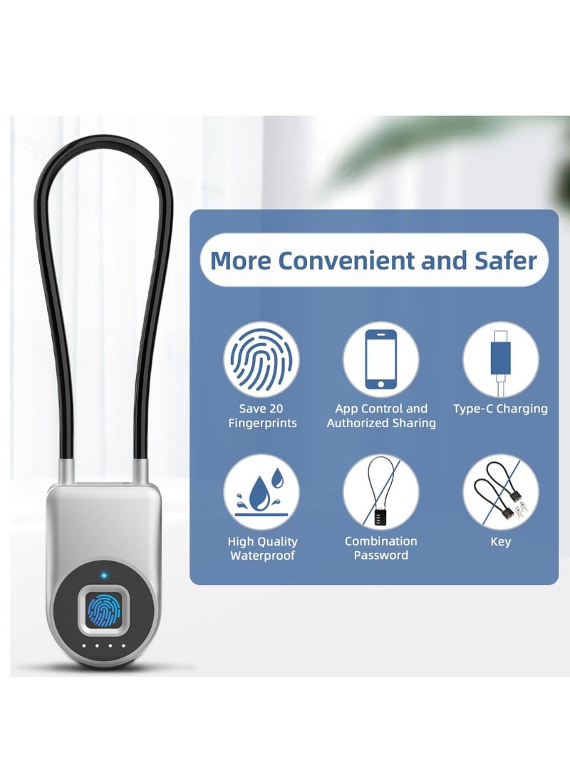 Fingerprint Cable Lock, Long Shackle Fingerprint Padlock with APP Control, Cabinet Lock, Luggage Lock, Outdoor Waterproof Padlock for Gym Locker, Luggage Suitcase, Cabinets, Gate Silver - Image 3