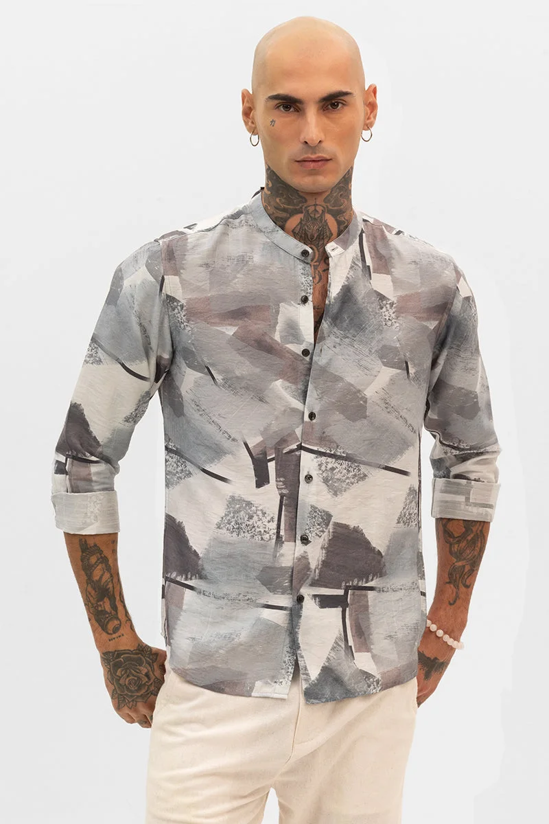 SNITCH Light Grey Abstract Mandarin Shirt