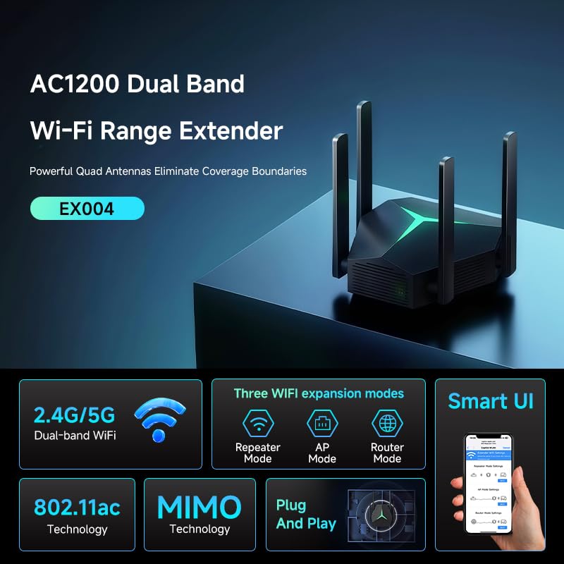 NPET AC1200 Dual Band WiFi Extender, 1.2Gbps Whole Home Coverage up to 7000 Sq.ft, Supports 32 Devices, Connectivity with USB-C, 2 Ethernet Ports, Black - Image 3