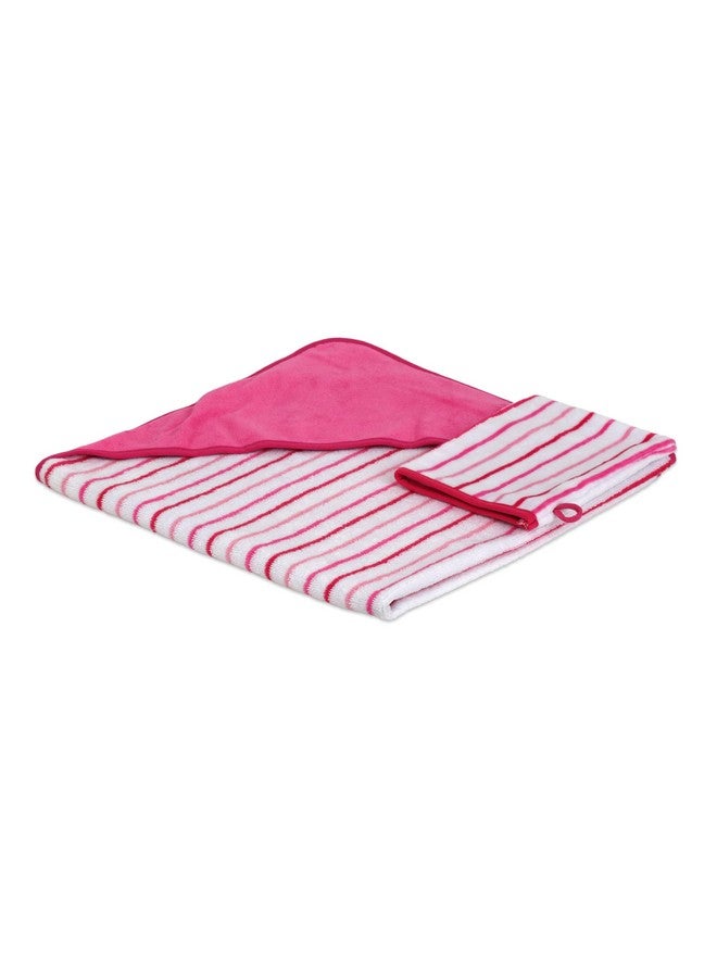 TowelSelections Turkish Cotton Hooded Terry Velour Baby Bath Towel and Glove Set Pink Striped