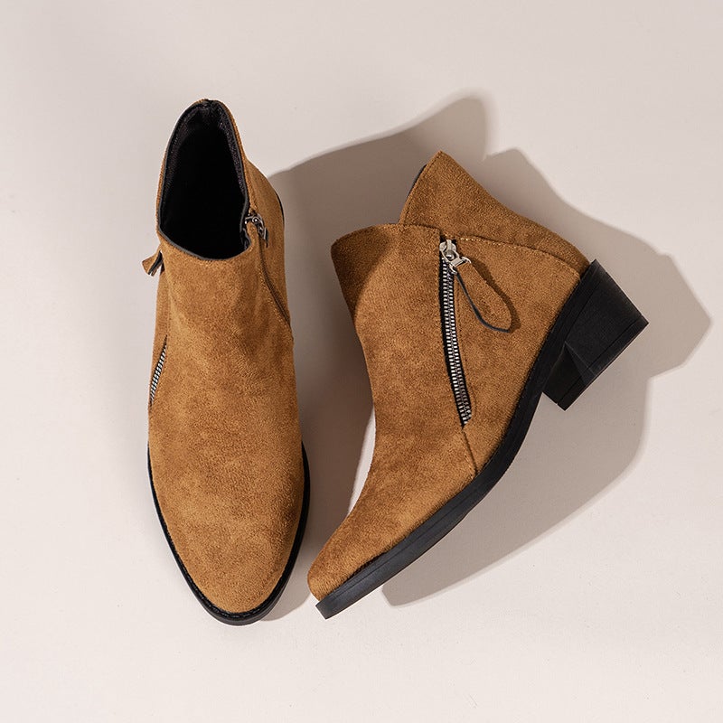 Export Large Size New Suede Fashion Short Boots Thick Heel Short Zipper Decoration Fashion Zipper Western Short Boots - Image 1