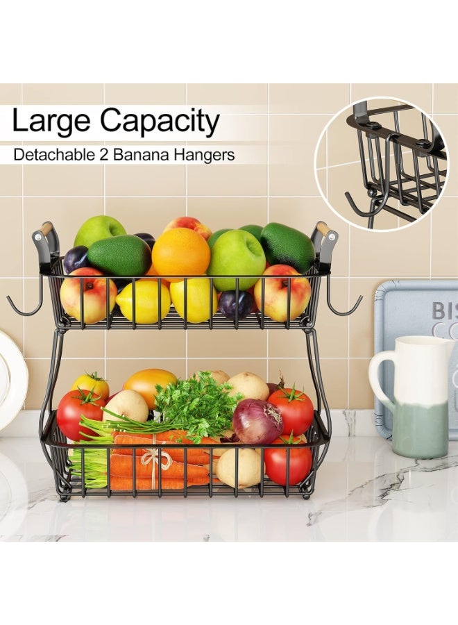 Metal 2 Tier Fruit Basket Bowl with 2 Banana Hangers for Kitchen Counter, Countertop Fruit Storage Produce Basket Metal Vegetable Holder Stand Organizer for Bread Snack Veggies Potato, Black - Image 3